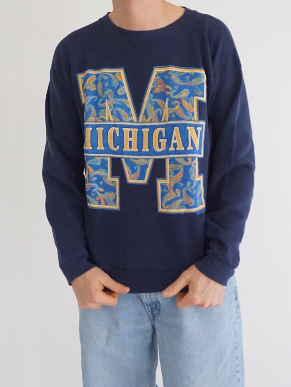 Vintage Tultex Navy Paisley Michigan Wolverines Logo Sweatshirt Collegiate Large